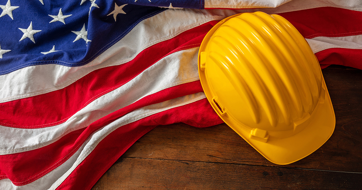 Construction helmet and American Flag