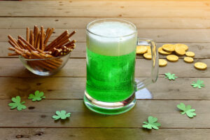 green beer and pretzels
