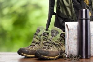 Hiking Boots, Map, Backpack
