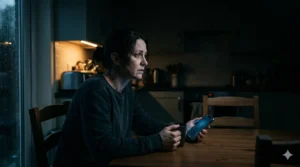 A woman sits at a wooden table in a dimly lit kitchen, holding a smartphone and looking ahead with a serious expression.