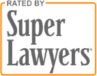 Gray and orange badge with the text "Rated by Super Lawyers" in bold font, indicating a recognition or award for legal professionals.