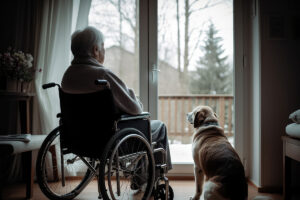 Woman in wheelchair looking out of a window next to a dog