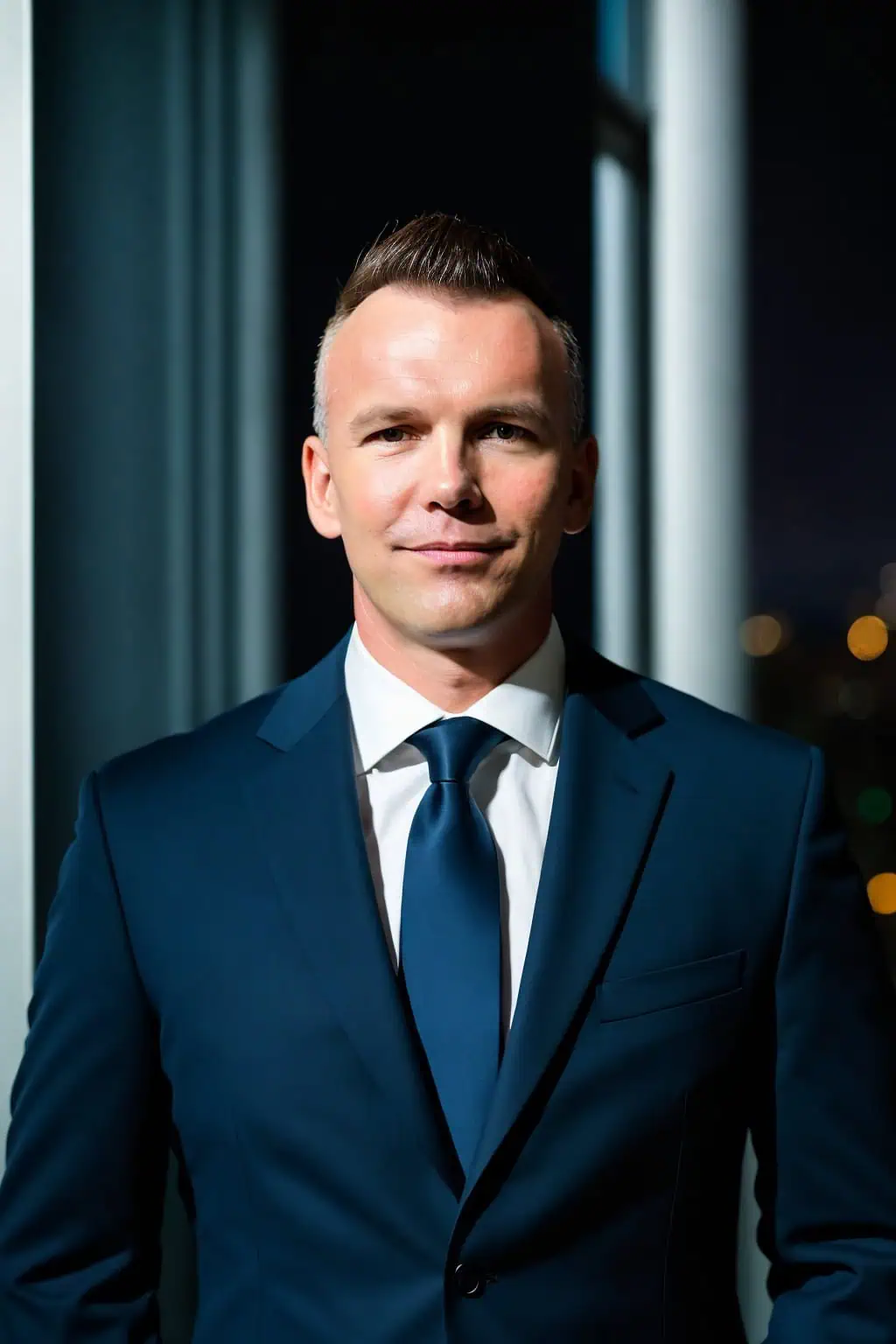 A man in a navy blue suit and tie stands indoors at night, facing the camera, with city lights visible in the background.