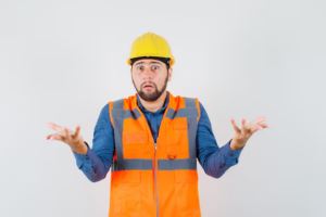 A man wearing a yellow hard hat and orange safety vest stands with raised hands and a confused expression against a plain white background.