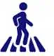 A simple blue icon of a person walking on a crosswalk, depicted with white and blue lines.