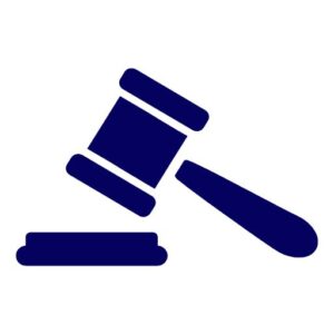 Solid navy blue gavel icon, depicted diagonally above a base, often representing law, judicial systems, or auctions.