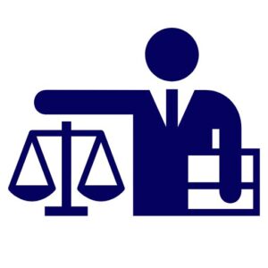 Icon of a person holding a briefcase and pointing toward a balance scale, symbolizing law, justice, or legal services.