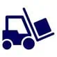 Simple blue icon of a forklift lifting a box, depicted in side view on a white background.