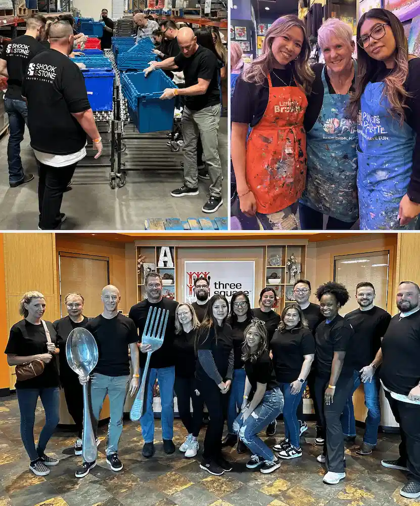 Three photos: people sorting bins on a conveyor, a trio in paint-splattered aprons, and a group posing together indoors with oversized fork and spoon props.