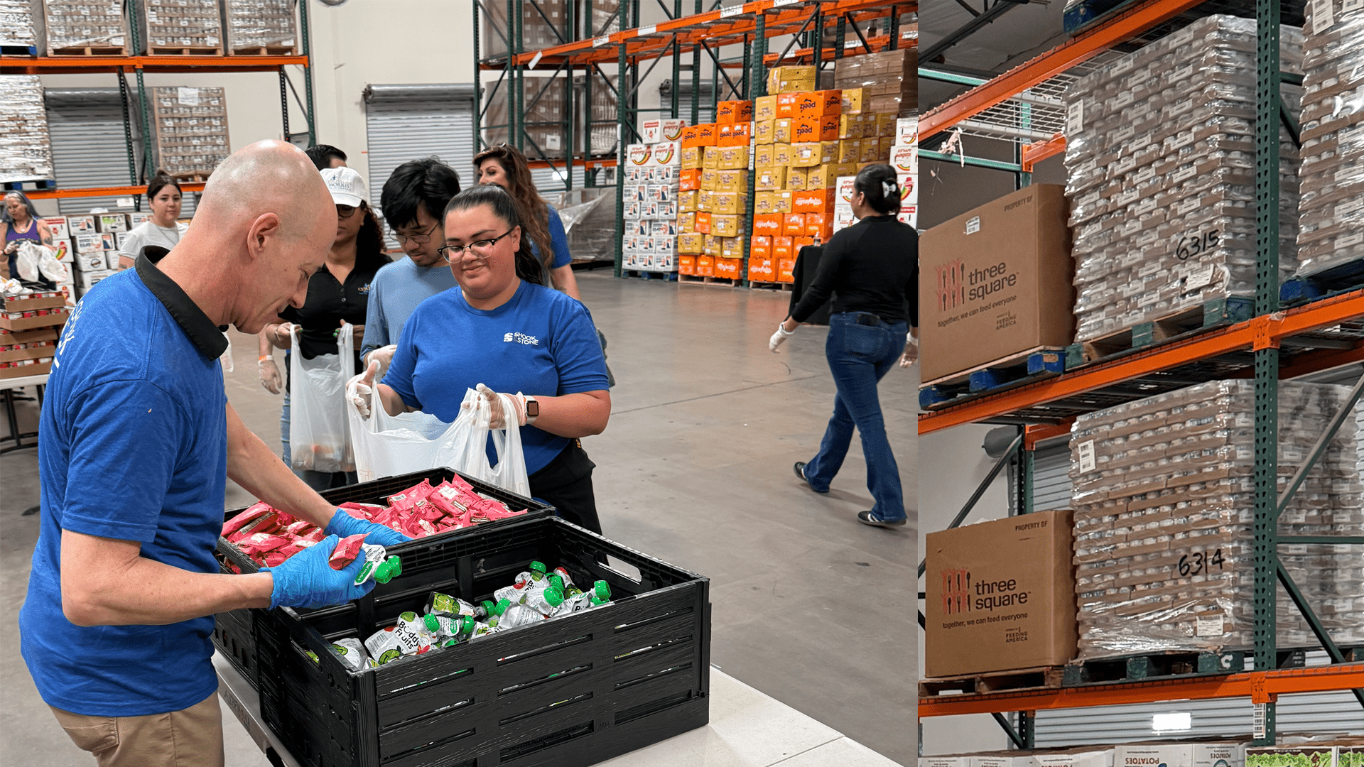 Several people pack food items into bags at a warehouse, with shelves of boxed goods and supplies visible in the background.