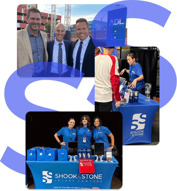 Three men in suits pose outdoors, while two images below show Shook & Stone staff at event booths with branded tables and promotional materials.
