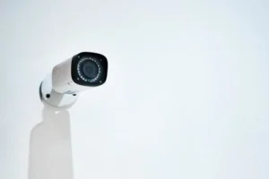 A security camera mounted on a white wall, angled slightly downward, with a plain white background.
