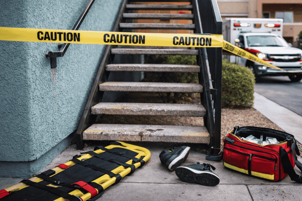 Staircase blocked by caution tape with a stretcher, shoes, and medical bag nearby; an ambulance is parked in the background.
