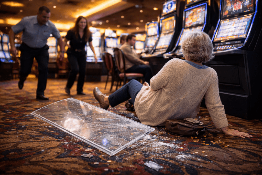 An older woman sits on the floor of a casino next to broken glass, with two people running toward her and slot machines in the background.