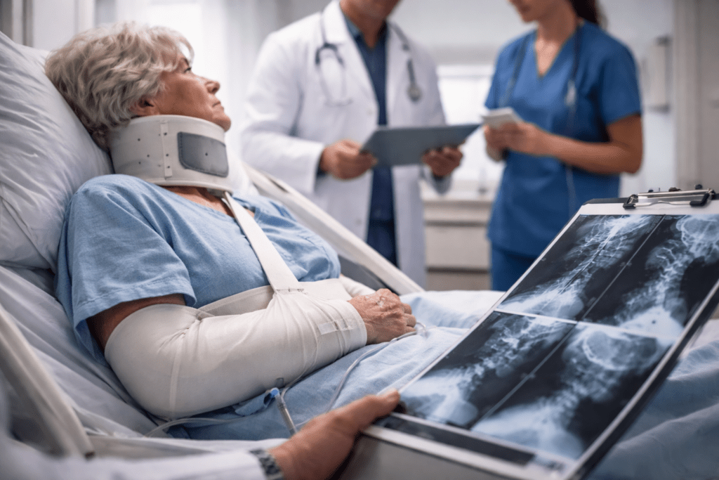 Elderly patient with arm cast and neck brace lies in hospital bed while medical staff review X-rays and discuss in the background.