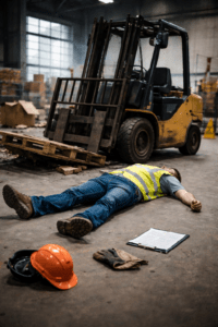 A worker in a high-visibility vest lies on the warehouse floor near a tipped pallet and forklift, with a helmet, gloves, and clipboard beside him.