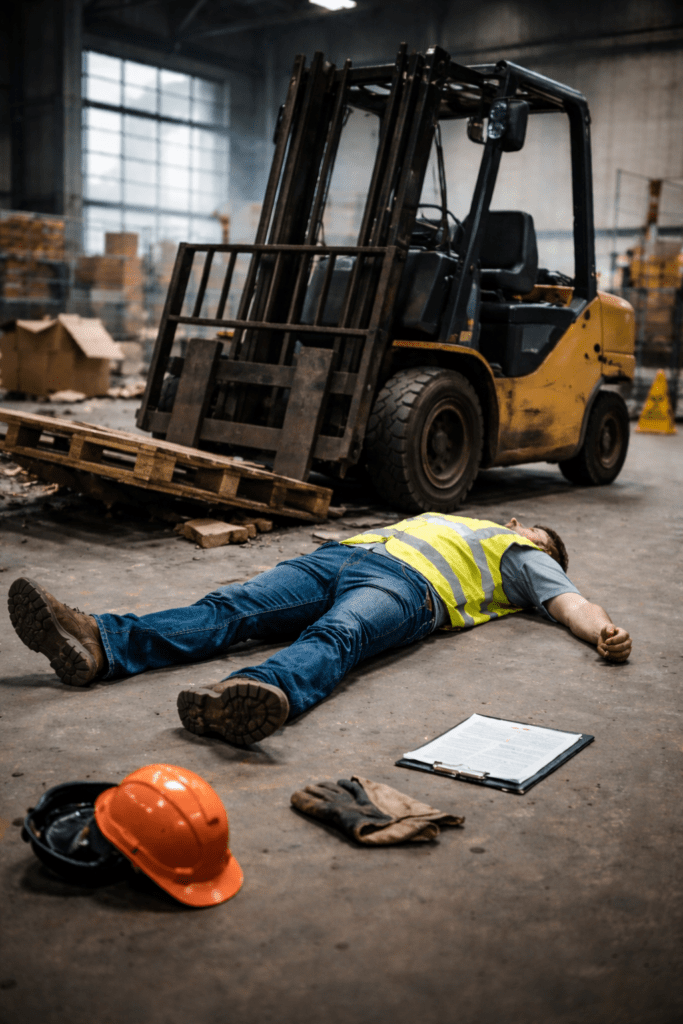 A worker in a high-visibility vest lies on the warehouse floor near a tipped pallet and forklift, with a helmet, gloves, and clipboard beside him.