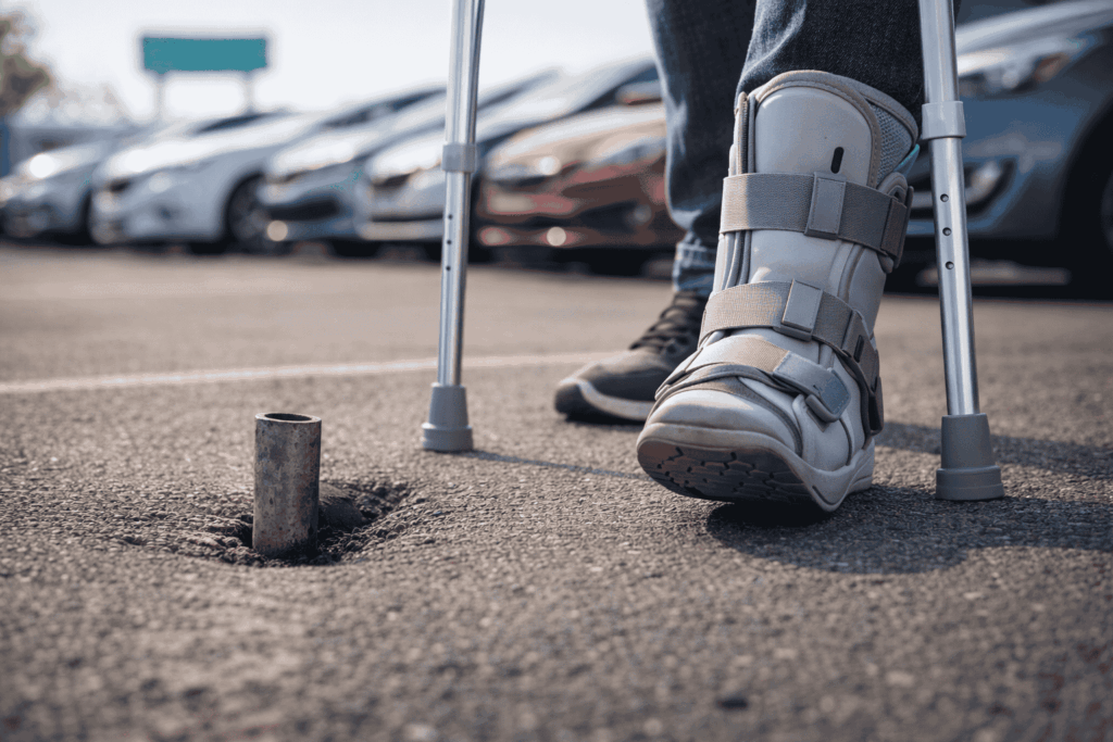 A person with a medical boot and crutches stands near a protruding pipe on an asphalt parking lot, with parked cars in the background.