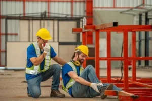 Two construction workers in safety gear; one is sitting on the ground holding his ankle in pain while the other kneels beside him, appearing concerned.