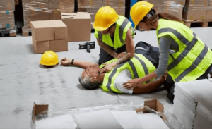 Two workers in safety vests and helmets assist a colleague lying on the warehouse floor, possibly injured. Boxes and packaging materials are visible nearby.