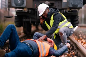 A construction worker kneels beside an injured colleague lying on train tracks, checking vital signs while making a phone call.