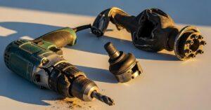 A power drill, a broken car axle component, and a socket adapter placed on a flat surface in sunlight.