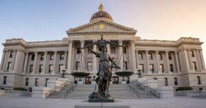 A statue of Lady Justice stands in front of a large neoclassical courthouse with columns and a domed roof at sunset.