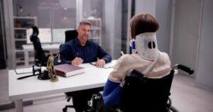 A person in a wheelchair with a neck brace talks to a man in an office with legal books and a justice statue on the desk.