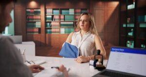 A woman with her arm in a sling sits at a desk across from another person, with bookshelves and legal documents visible in the background.