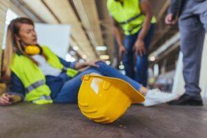 A yellow hard hat lies on the floor in the foreground, while a woman in a safety vest sits on the ground with two coworkers attending to her.