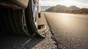 Close-up of a car with a flat tire on the side of a deserted road, mountains visible in the background under a clear sky.