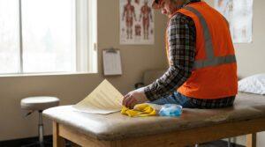 construction worker with bandaged wrist reviewing medical document on exam table