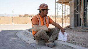 injured construction worker wearing arm sling holding document at job site
