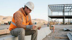construction worker in hard hat and safety vest reviewing documents at job site