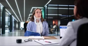 A woman with a neck brace and arm sling sits across a desk from a professional in an office, discussing paperwork and health information displayed on a laptop.