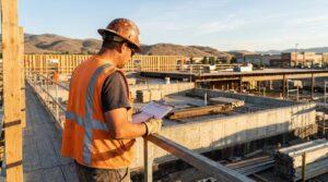 construction worker in hard hat and safety vest reviewing clipboard at job site