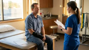 injured man wearing wrist brace seated on exam table speaking with medical professional holding clipboard