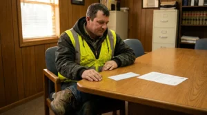 construction worker in safety vest seated at law office table with documents