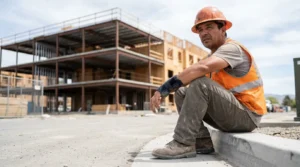construction worker wearing hard hat and safety vest sitting on curb at job site